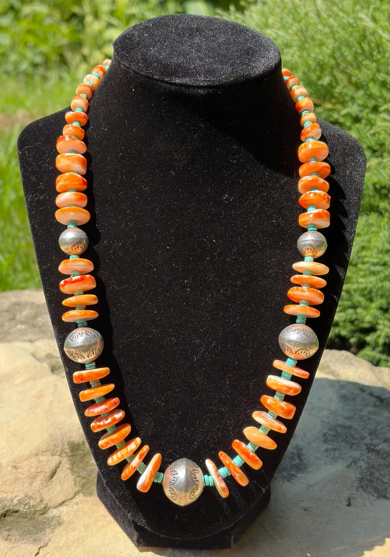Spiny Oyster Sunrise | Kingman Turquoise Necklace | Handcrafted Sterling Silver Pearls | Southwestern Jewelry